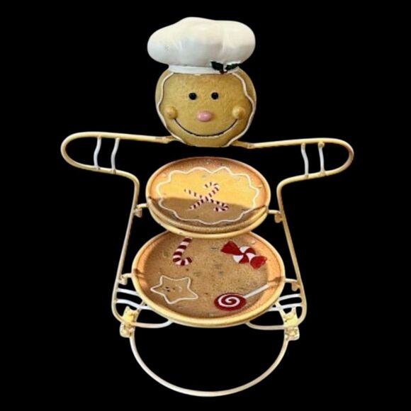 Cracker Barrel 2-Tier Cookie Server w/Plates - Gingerbread Design - 18.75” H - Picture 2 of 13